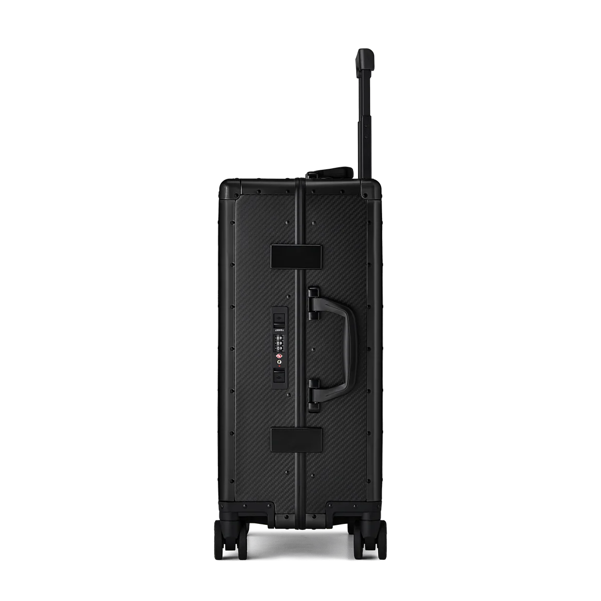 Lightweight black carbon suitcase with a premium finish