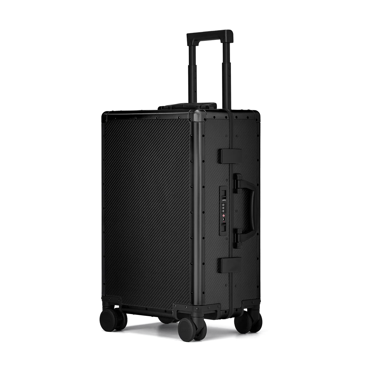 Durable black carbon suitcase for secure and stylish travel
